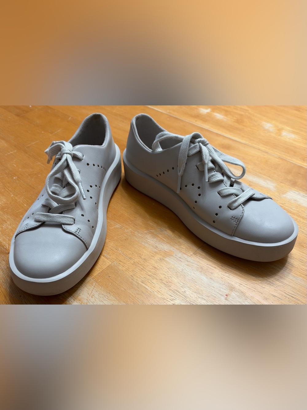 Camper Courb Grayish/Taupe Leather Perforated Sneakers, Size 38/7.5.